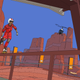 The Rollerdrome protagonist grinds on a dark orange railing in the desert.